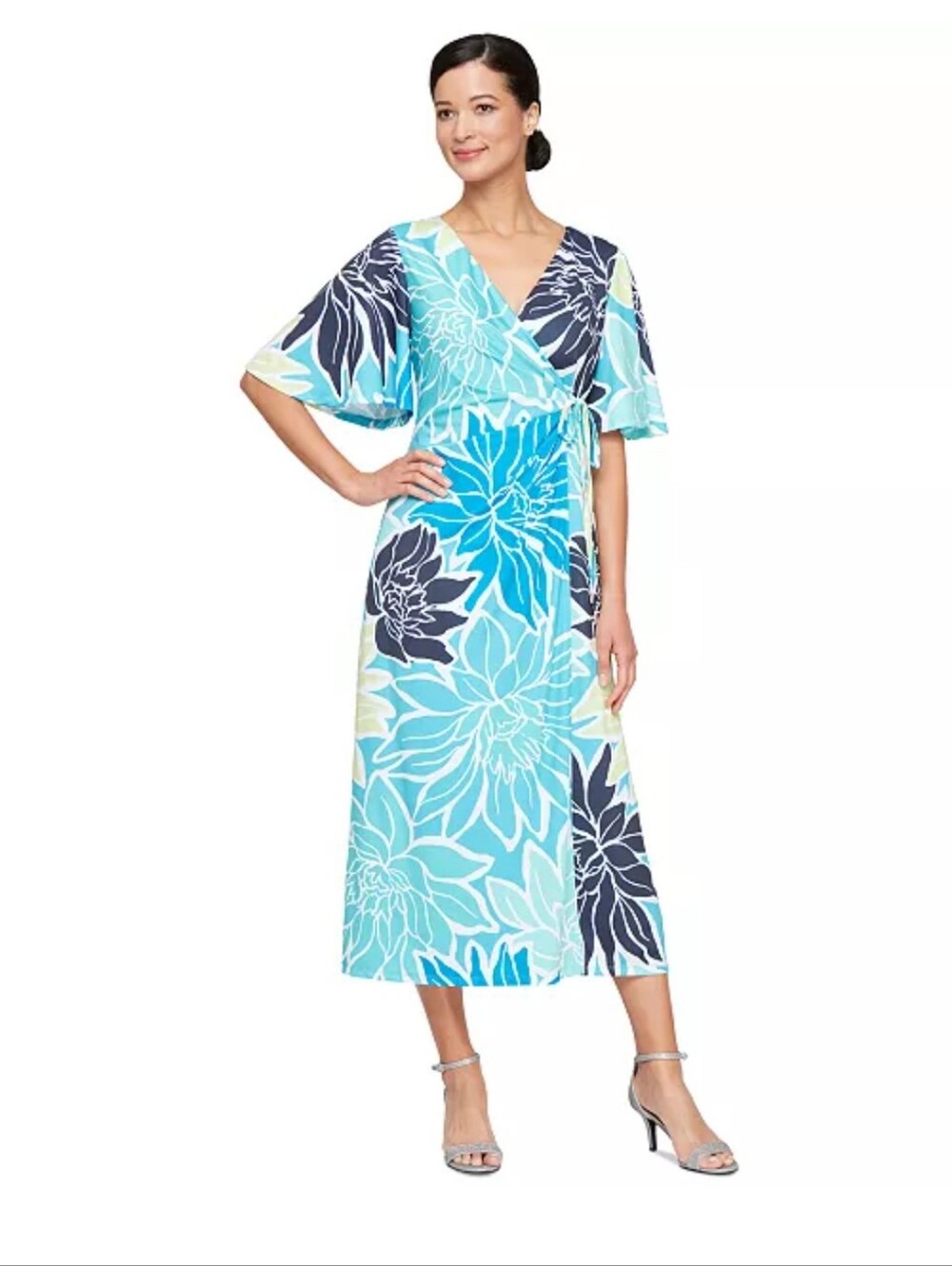 SLNY Floral Wrap Dress Blue Green Midi Dress Flutter Sleeve Size 14 NWT Party